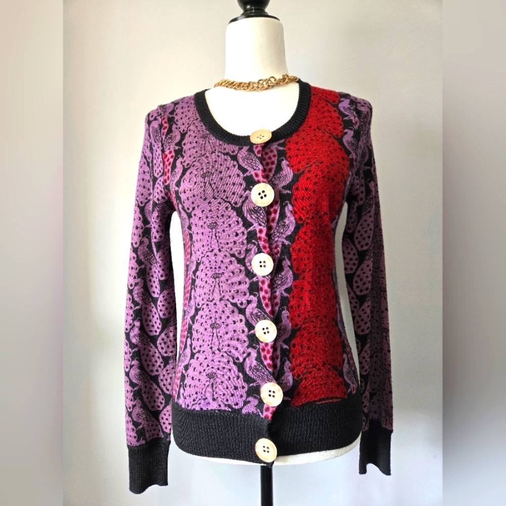 KNITTED DOVE/ ANTHROPOLOGIE Peacock Purple and Red Cardigan Sweater. Size M